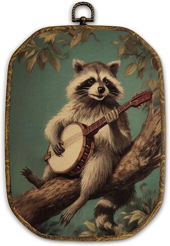 yjeslw خمر الراكون المثمن جدار الفن الديكور، Cottagecore القمامة الباندا لعب البانجو مؤطرة قماش يطبع، ريفي الرجعية مزرعة الراكون الجدار شنقا الزينة لديكور غرفة نوم المنزل، 10.2x7 بوصة in Kuwait