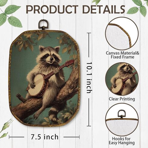 yjeslw خمر الراكون المثمن جدار الفن الديكور، Cottagecore القمامة الباندا لعب البانجو مؤطرة قماش يطبع، ريفي الرجعية مزرعة الراكون الجدار شنقا الزينة لديكور غرفة نوم المنزل، 10.2x7 بوصة in Kuwait