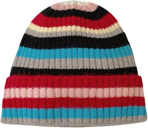 Colorful Striped Beanie Cuffed Winter Soft Rib Knit Hat for Women Men Gift in Kuwait