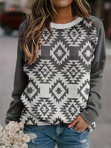 بلوزات المرأة الغربية ازتيك عادية ريترو العرقية الجرافيك Crewneck كم طويل البلوز القمم الخريف البلد تي شيرت in Saudi Arabia