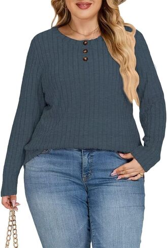 Plus Size Sweatshirts for Women Lightweight Fall Sweaters Tops Long Sleeve Henley Shirt Blue 2X Large in Saudi Arabia