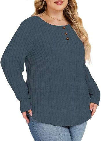 Plus Size Sweatshirts for Women Lightweight Fall Sweaters Tops Long Sleeve Henley Shirt Blue 2X Large in Saudi Arabia