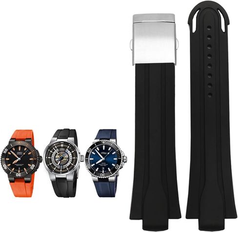 24mm*12mm Lug End Rubber Waterproof Watchband for Oris Wristband Silicone Watch Strap Stainless Steel Folding Clasp (Color : Black-Silver, Size : 24-12mm) in Saudi Arabia