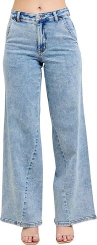 Judy Blue Women's High Rise Stone Wash Retro Wide Leg Fit Jeans with Skewed Inseam in Saudi Arabia