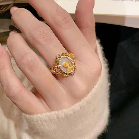 Baroque Beauty Lady Portrait Ring - Statement Expandable Pearl Shell Victorian Cameo Dainty Cubic Zirconia Rings Gold Plated Stack Open Finger Band Vintage Wedding Anniversary Jewelry for Women Mother in Saudi Arabia