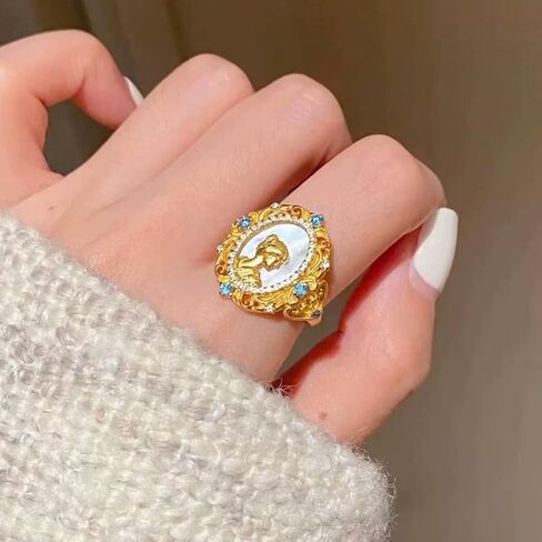 Baroque Beauty Lady Portrait Ring - Statement Expandable Pearl Shell Victorian Cameo Dainty Cubic Zirconia Rings Gold Plated Stack Open Finger Band Vintage Wedding Anniversary Jewelry for Women Mother in Saudi Arabia