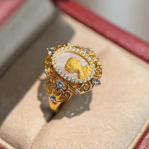 Baroque Beauty Lady Portrait Ring - Statement Expandable Pearl Shell Victorian Cameo Dainty Cubic Zirconia Rings Gold Plated Stack Open Finger Band Vintage Wedding Anniversary Jewelry for Women Mother in Saudi Arabia
