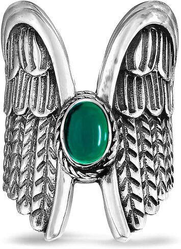 Oval Genuine Gemstone Angel Wings Wide Band Ring,Retro S925 Sterling Silver Natural Full Finger Chunky Statement Band Ring for Women in Kuwait