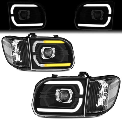 مجموعة مصابيح رأس جهاز العرض أكثر سطوعًا بنسبة 500% تناسب 05 06 Toyota Tundra LED SEQ DRL المصباح 2005 2006 2007 سيكويا بيك اب غطاء أسود مع عاكس شفاف (كابينة مزدوجة/طاقم) in Kuwait