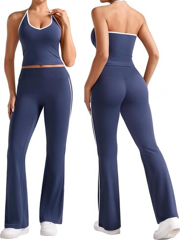 Relety Workout Sets for Women 2 Piece V Neck Halter Crop Tank Top High Waist Flare Leggings Contrast Trims Gym Yoga Outfits in Saudi Arabia