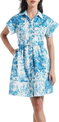 D-Sun Women Button Down Shirt Dress V-Neck Floral Printed Short Sleeve Mini Dress Casual Belted Short Party with Pocket in Kuwait
