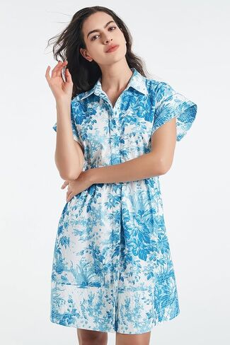 D-Sun Women Button Down Shirt Dress V-Neck Floral Printed Short Sleeve Mini Dress Casual Belted Short Party with Pocket in Saudi Arabia