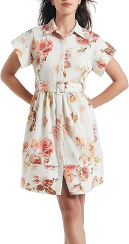 D-Sun Women Button Down Shirt Dress V-Neck Floral Printed Short Sleeve Mini Dress Casual Belted Short Party with Pocket in Saudi Arabia