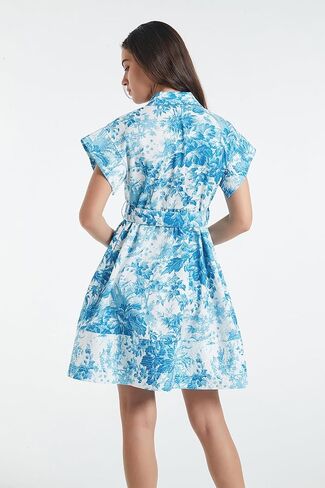 D-Sun Women Button Down Shirt Dress V-Neck Floral Printed Short Sleeve Mini Dress Casual Belted Short Party with Pocket in Saudi Arabia