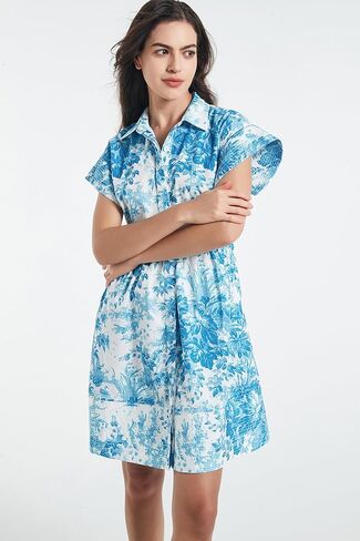 D-Sun Women Button Down Shirt Dress V-Neck Floral Printed Short Sleeve Mini Dress Casual Belted Short Party with Pocket in Saudi Arabia