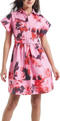 D-Sun Women Button Down Shirt Dress V-Neck Floral Printed Short Sleeve Mini Dress Casual Belted Short Party with Pocket in Saudi Arabia