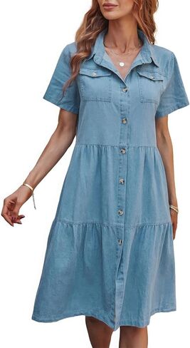 chouyatou Women's Summer Short Sleeve Button Down Denim Shirt Dress Lapel Ruffle Hem Babydoll Jean Midi Dress in Saudi Arabia