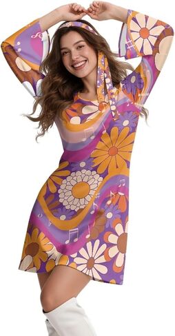 60s 70s Disco Dress for Women with Headscarf, Retro Hippie Floral Colorful Dress Night Party Outfits in Saudi Arabia