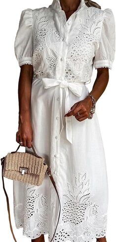 SOMTHRON Women's Embroidered Eyelet Shirt Dress Belted Puff Shirt Sleeve Button Down Boho Lace Swing Maxi Long Dress in Saudi Arabia