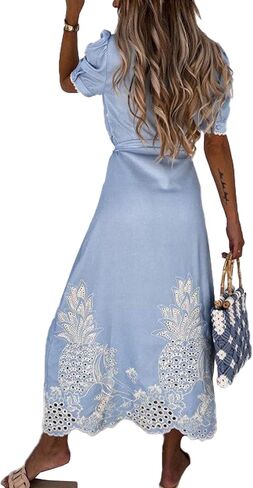 SOMTHRON Women's Embroidered Eyelet Shirt Dress Belted Puff Shirt Sleeve Button Down Boho Lace Swing Maxi Long Dress in Saudi Arabia