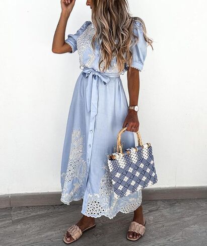 SOMTHRON Women's Embroidered Eyelet Shirt Dress Belted Puff Shirt Sleeve Button Down Boho Lace Swing Maxi Long Dress in Saudi Arabia