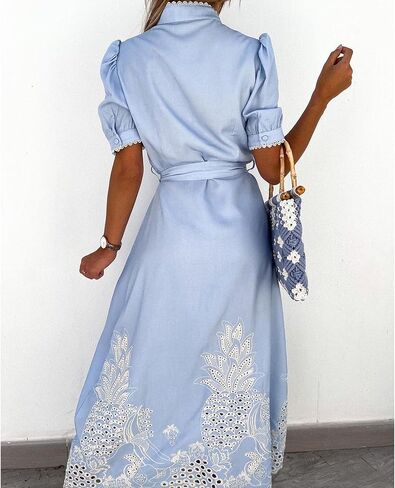 SOMTHRON Women's Embroidered Eyelet Shirt Dress Belted Puff Shirt Sleeve Button Down Boho Lace Swing Maxi Long Dress in Saudi Arabia