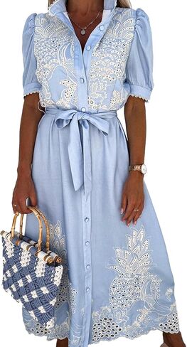 SOMTHRON Women's Embroidered Eyelet Shirt Dress Belted Puff Shirt Sleeve Button Down Boho Lace Swing Maxi Long Dress in Saudi Arabia