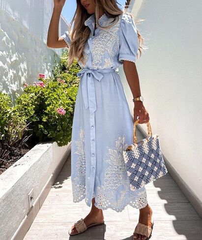 SOMTHRON Women's Embroidered Eyelet Shirt Dress Belted Puff Shirt Sleeve Button Down Boho Lace Swing Maxi Long Dress in Saudi Arabia