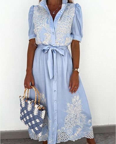 SOMTHRON Women's Embroidered Eyelet Shirt Dress Belted Puff Shirt Sleeve Button Down Boho Lace Swing Maxi Long Dress in Saudi Arabia