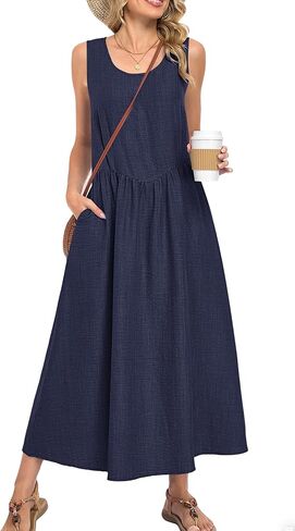 MOLERANI Women Summer Maxi Dress V-Shaped Waist Sundresses Sleeveless Long Dress with Pockets in Kuwait