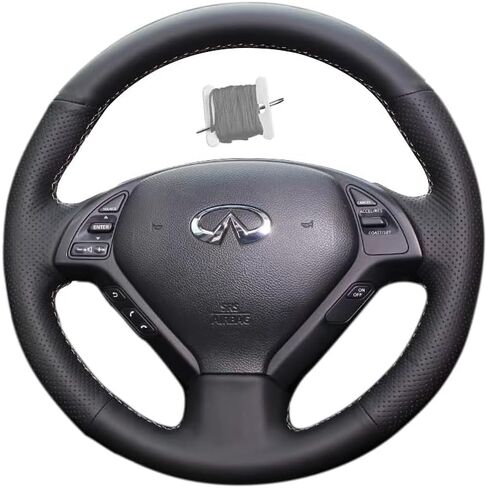 غطاء عجلة قيادة السيارة الداخلي من الجلد المثقوب باللون الأسود مخيط يدويًا، جلد من الألياف فائق النعومة مضاد للانزلاق وجيد التهوية، لسيارة Infiniti EX25/EX35/EX37/G37/G35/Q40/QX50/Q60/IPL G in Kuwait