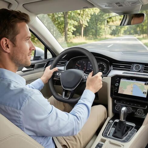 D-Shaped Steering Wheel Cover for Volkswagen VW Atlas Tiguan Jetta ID.4 Passat Taos Golf Beetle Polo GTI Touareg CC SEL SE R-line S Cross Sport Car Accessories, 14.5-15 inch Black in Kuwait