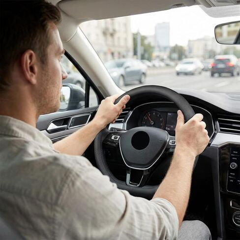 D-Shaped Steering Wheel Cover for Volkswagen VW Atlas Tiguan Jetta ID.4 Passat Taos Golf Beetle Polo GTI Touareg CC SEL SE R-line S Cross Sport Car Accessories, 14.5-15 inch Black in Kuwait