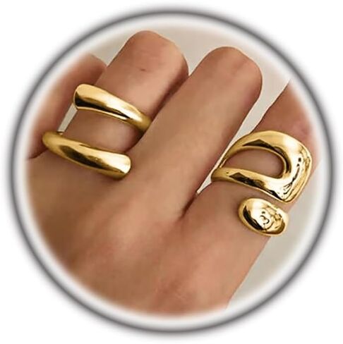 Rrdaily 14k Gold Chunky Open Ring Set for Women Adjustable Double Line Shape Twist Knuckle Ring Silver Fashion Wrap Finger Ring Graduation Gift in Saudi Arabia