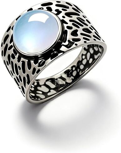 Retro Sterling Silver Natural Moonstone Hammered Textured Wide Band Ring,Statement Thumb Index Chunky Cocktail Party Boho Bohemian Jewelry for Women in Kuwait