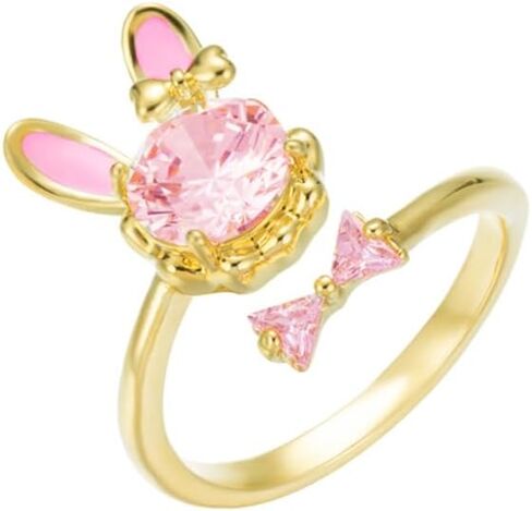 Cute Rabbit Open Stacking Ring for Women Cubic Zirconia Pink Crystal Lovely Bow Bunny Animal Gold-Tone Plated Adjustable Statement Finger Band Promise Wedding Rings Dainty Easter Jewelry for Daughter in Saudi Arabia