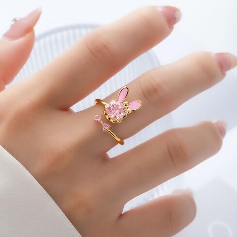 Cute Rabbit Open Stacking Ring for Women Cubic Zirconia Pink Crystal Lovely Bow Bunny Animal Gold-Tone Plated Adjustable Statement Finger Band Promise Wedding Rings Dainty Easter Jewelry for Daughter in Saudi Arabia