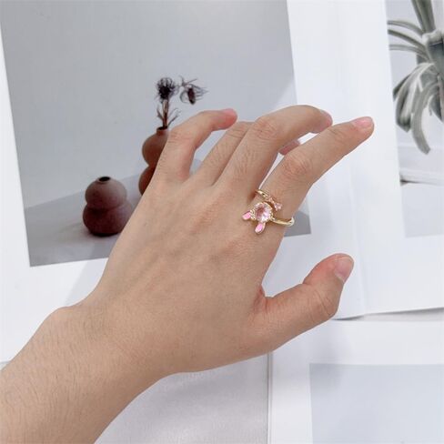 Cute Rabbit Open Stacking Ring for Women Cubic Zirconia Pink Crystal Lovely Bow Bunny Animal Gold-Tone Plated Adjustable Statement Finger Band Promise Wedding Rings Dainty Easter Jewelry for Daughter in Saudi Arabia