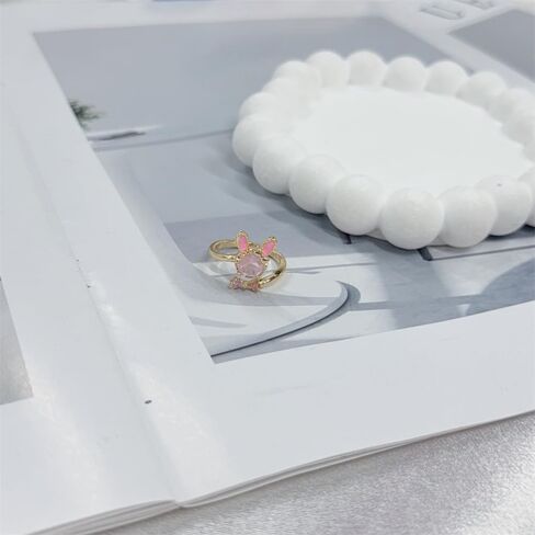 Cute Rabbit Open Stacking Ring for Women Cubic Zirconia Pink Crystal Lovely Bow Bunny Animal Gold-Tone Plated Adjustable Statement Finger Band Promise Wedding Rings Dainty Easter Jewelry for Daughter in Saudi Arabia