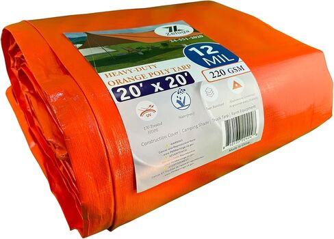 قماش القنب البرتقالي شديد التحمل 24-551-0608 220GSM - 6 أقدام × 8 أقدام، وسمك 12 مل، مقاوم للماء بنسبة 100% مع معالجة للأشعة فوق البنفسجية، وحواف معززة وحلقات مقاومة للصدأ للأماكن الخارجية والبناء والتخزين in Saudi Arabia