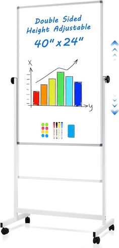 Rolling Whiteboard, 40" x 24" Magnetic Mobile White Board on Wheels, Double Sided, Height Adjustable Aluminum Frame Dry Erase Board with Stand for Office, Home, Classroom in Kuwait
