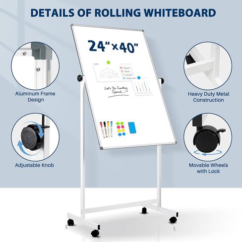Rolling Whiteboard, 40" x 24" Magnetic Mobile White Board on Wheels, Double Sided, Height Adjustable Aluminum Frame Dry Erase Board with Stand for Office, Home, Classroom in Kuwait