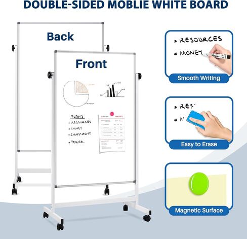 Rolling Whiteboard, 40" x 24" Magnetic Mobile White Board on Wheels, Double Sided, Height Adjustable Aluminum Frame Dry Erase Board with Stand for Office, Home, Classroom in Kuwait