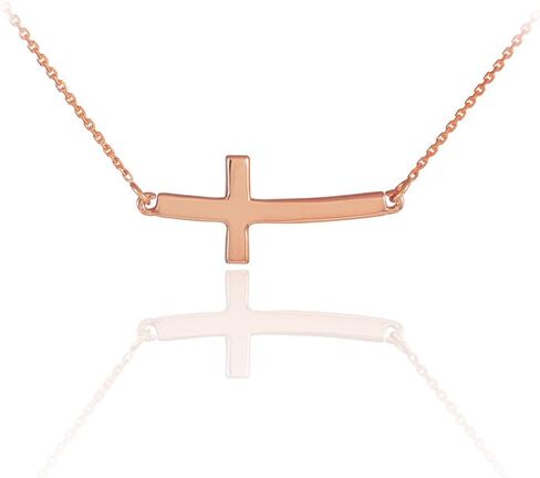 14K Rose Gold Sideways Horizontal Curved Cross Bar Style Necklace - Choice of Chain Length in Kuwait