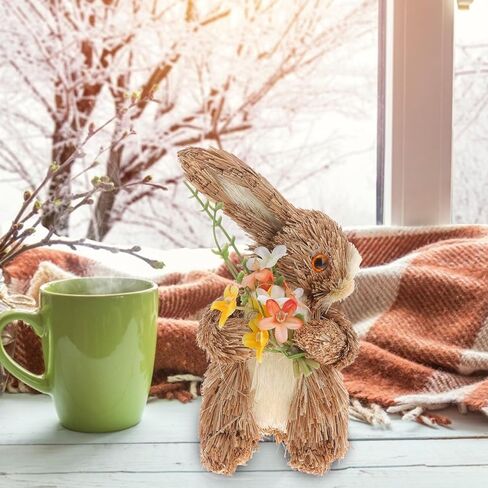 jojofuny Easter Bunny Ornament: Realistic Straw Rabbit Decor Handmade Rattan Woven Bunny Statue for Easter Home Desktop Decoration, 7.9 Inch in Saudi Arabia