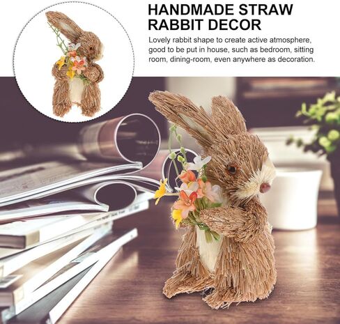 jojofuny Easter Bunny Ornament: Realistic Straw Rabbit Decor Handmade Rattan Woven Bunny Statue for Easter Home Desktop Decoration, 7.9 Inch in Saudi Arabia