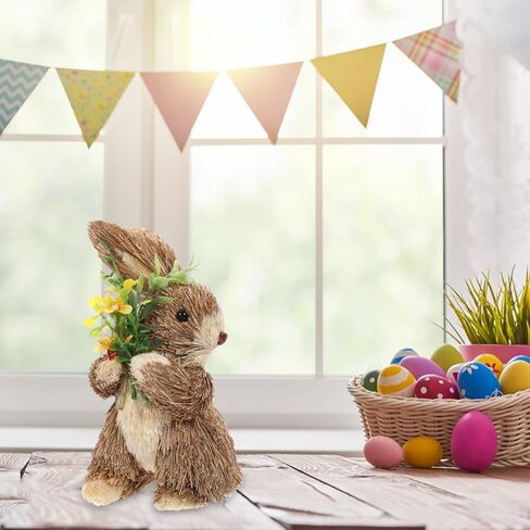 jojofuny Easter Bunny Ornament: Realistic Straw Rabbit Decor Handmade Rattan Woven Bunny Statue for Easter Home Desktop Decoration, 7.9 Inch in Saudi Arabia