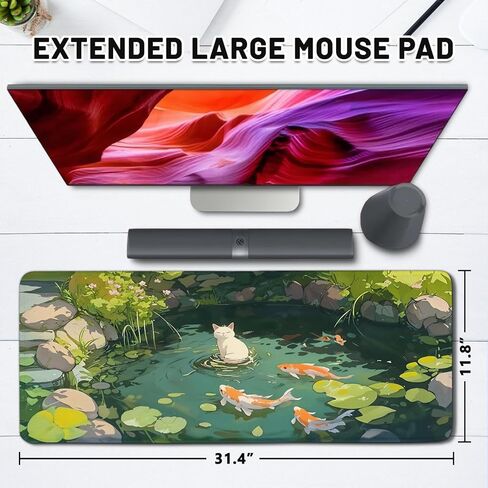 Cat Gaming Mouse Pad Large, Japanese Koi Fish Mousepads Oversized, Computer Keyboard Desk with Non-Slip Base Stitched Edge, Serene Pond Playmat, for Home Office Gift for Christmas 11.8"x 31.4"XL in Saudi Arabia