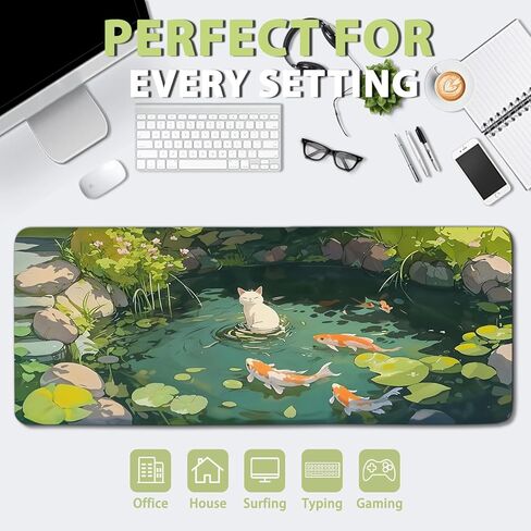 Cat Gaming Mouse Pad Large, Japanese Koi Fish Mousepads Oversized, Computer Keyboard Desk with Non-Slip Base Stitched Edge, Serene Pond Playmat, for Home Office Gift for Christmas 11.8"x 31.4"XL in Saudi Arabia