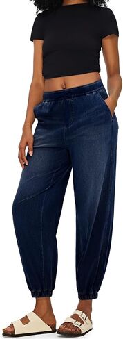 Fanica Women's High Waisted Barrel Jeans, Drawstring with Elastic Cuffed Baggy Denim Pants in Saudi Arabia